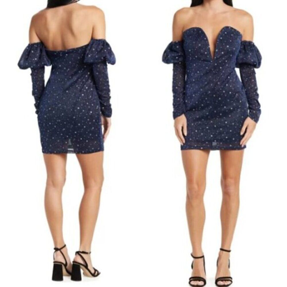 Area Stars Deep-V Cocktail Mini Dress Puffed Sleeve Disco Whimsy Blue Medium$158